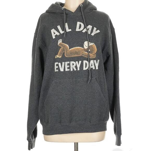 Curious George ALL DAY EVERY DAY Monkey Gray Hoodie Sweatshirt Size Medium - Picture 1 of 4